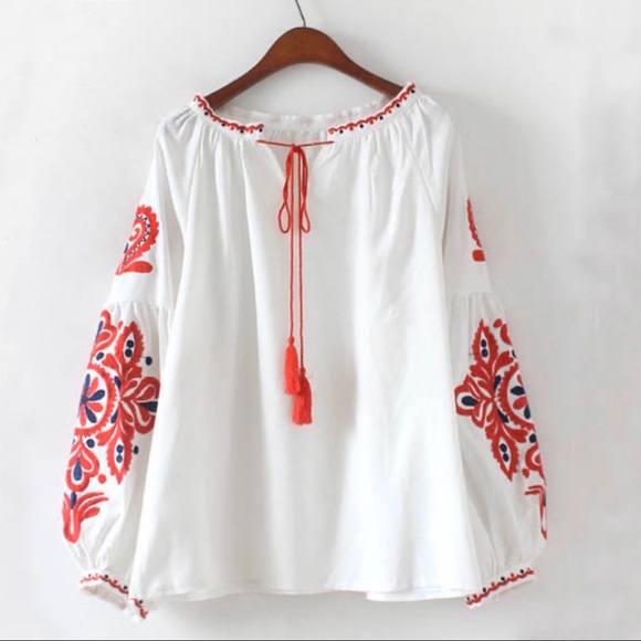 White / Red Embroidered Bohemian Smock Top with Tassel - Picture 1 of 6
